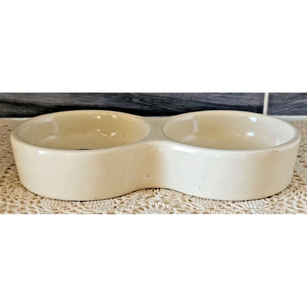 Double Sided Beige Speckled Ceramic Cat Food and Water Dish